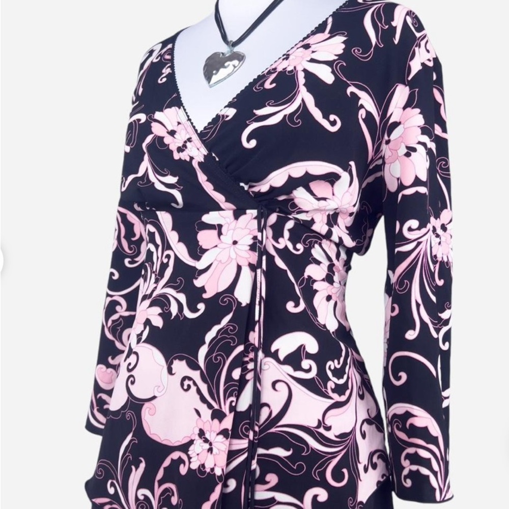New w tags blue diamond stretch top large vintage 90s black pink floral blouse